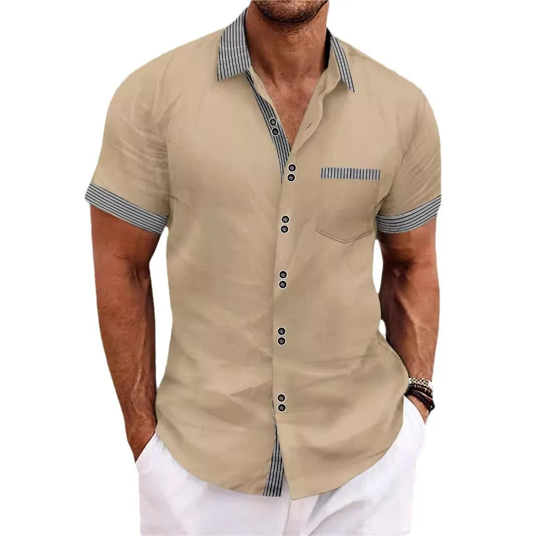 Men's striped cotton casual shirt with double button front in slim fit styling