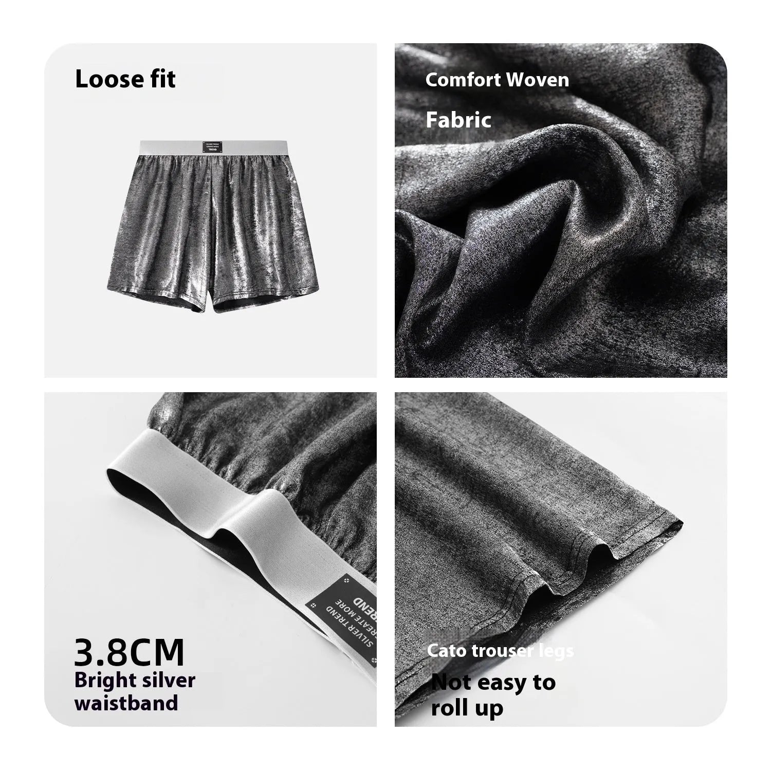 Woven polyester casual underwear in reflective bright silver colour with loose fit design for sports activities