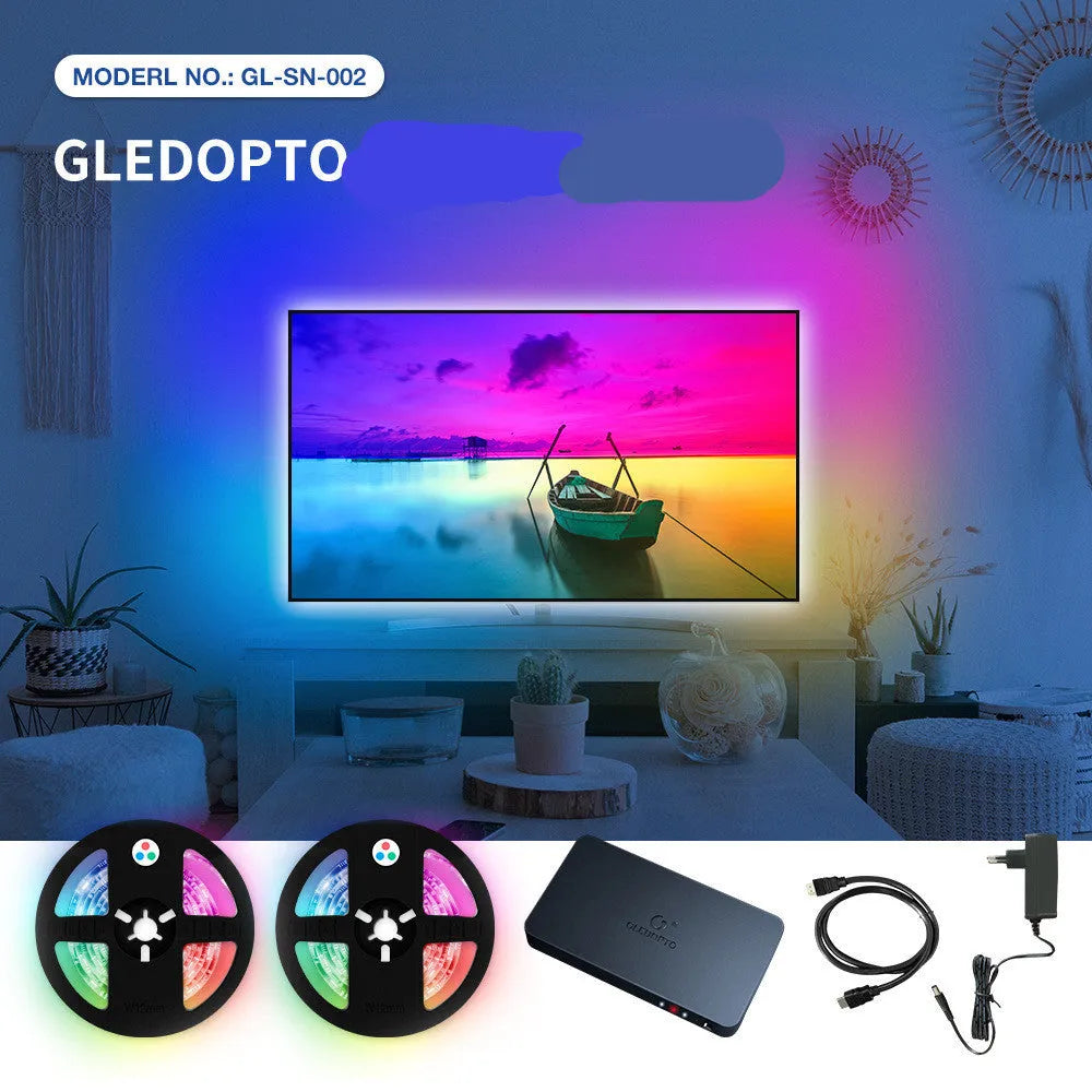 HDMI 2.0 4K video sync junction box with power cord and short HDMI cable for RGB LED strip control.