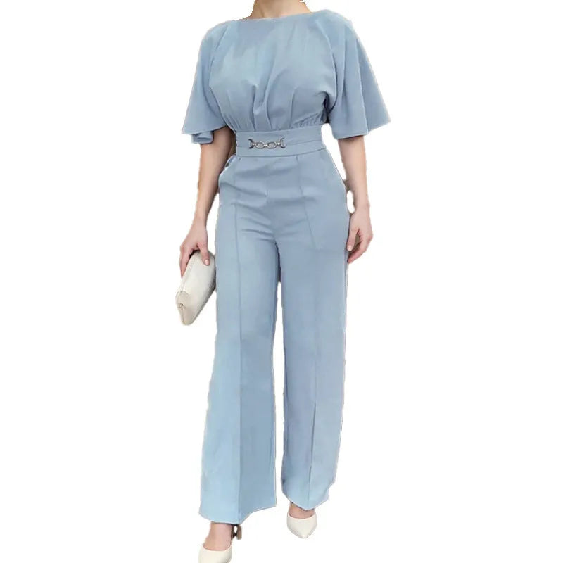 Blue men's polyester suit set with long sleeve blazer and trousers on hanger