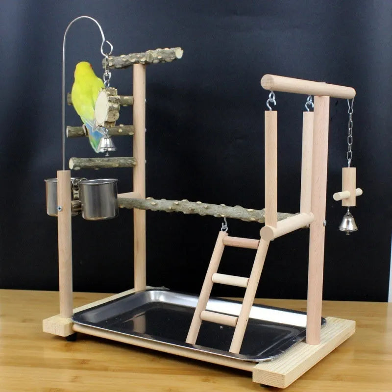 Natural pepper wood parrot toy stand with integrated platform and climbing poles for cage