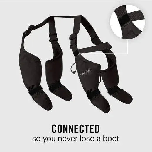 Black waterproof dog shoes with non-slip soles and adjustable strap in six sizes from XS to XXL