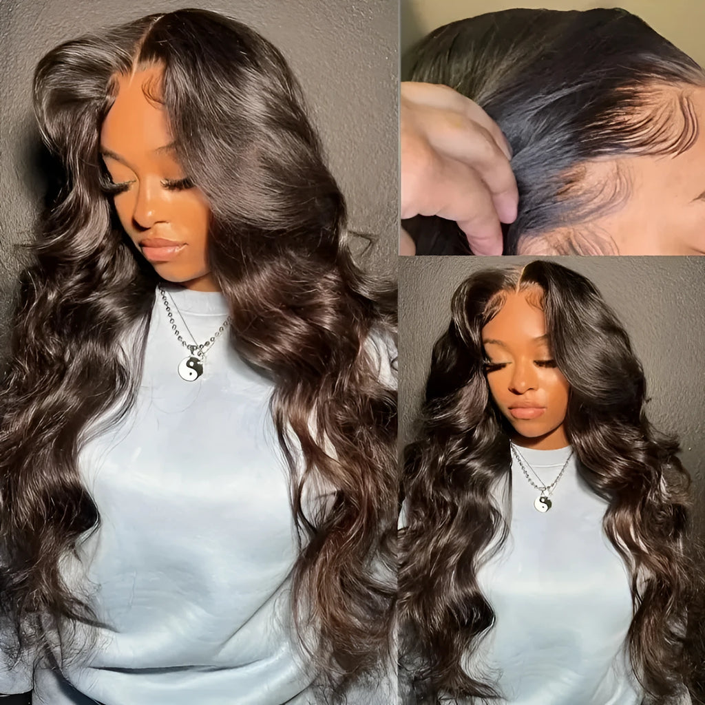 Dark brown long curly front lace synthetic wig with side bangs on a mannequin head.