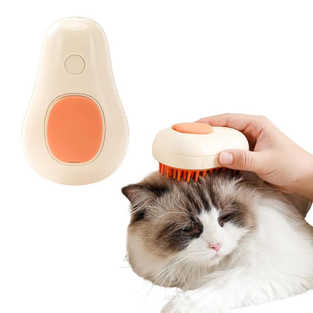 Green and white rechargeable cat steam brush with silicone teeth for grooming and massage.