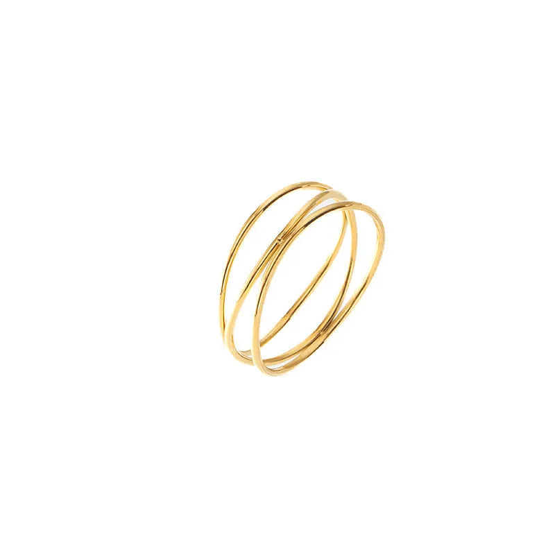 Geometric gold-coloured titanium steel ring with three-layer coil design shown at various angles