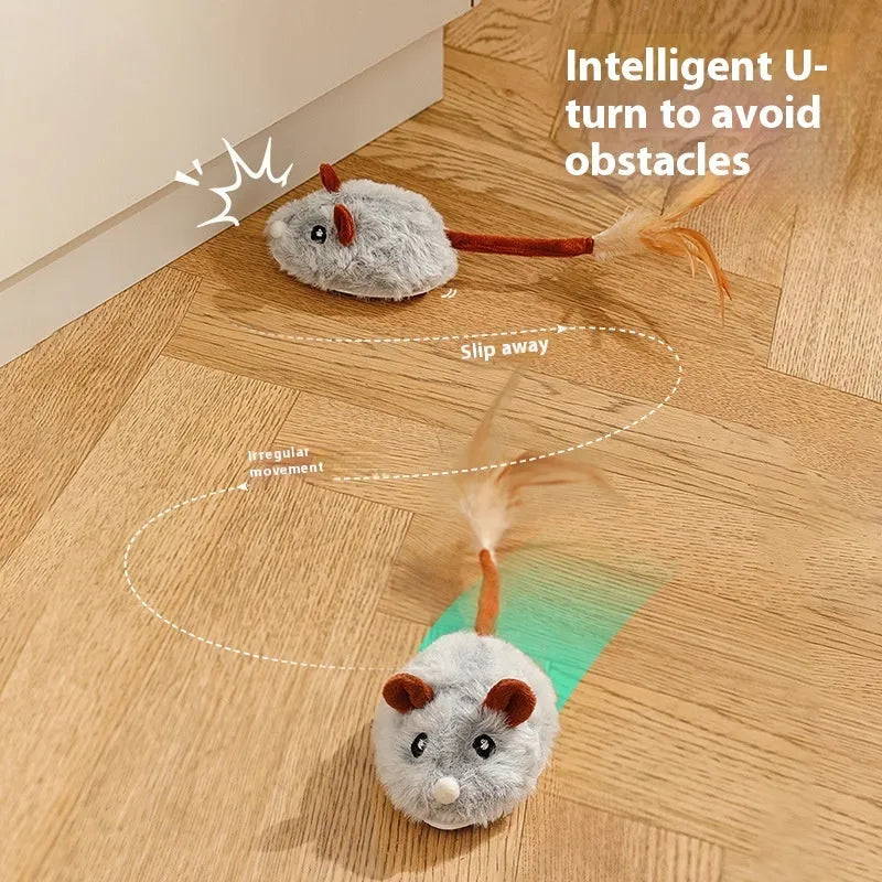 Electric rotating cat toy with plush mouse attachment in pink, purple, or dark grey colours