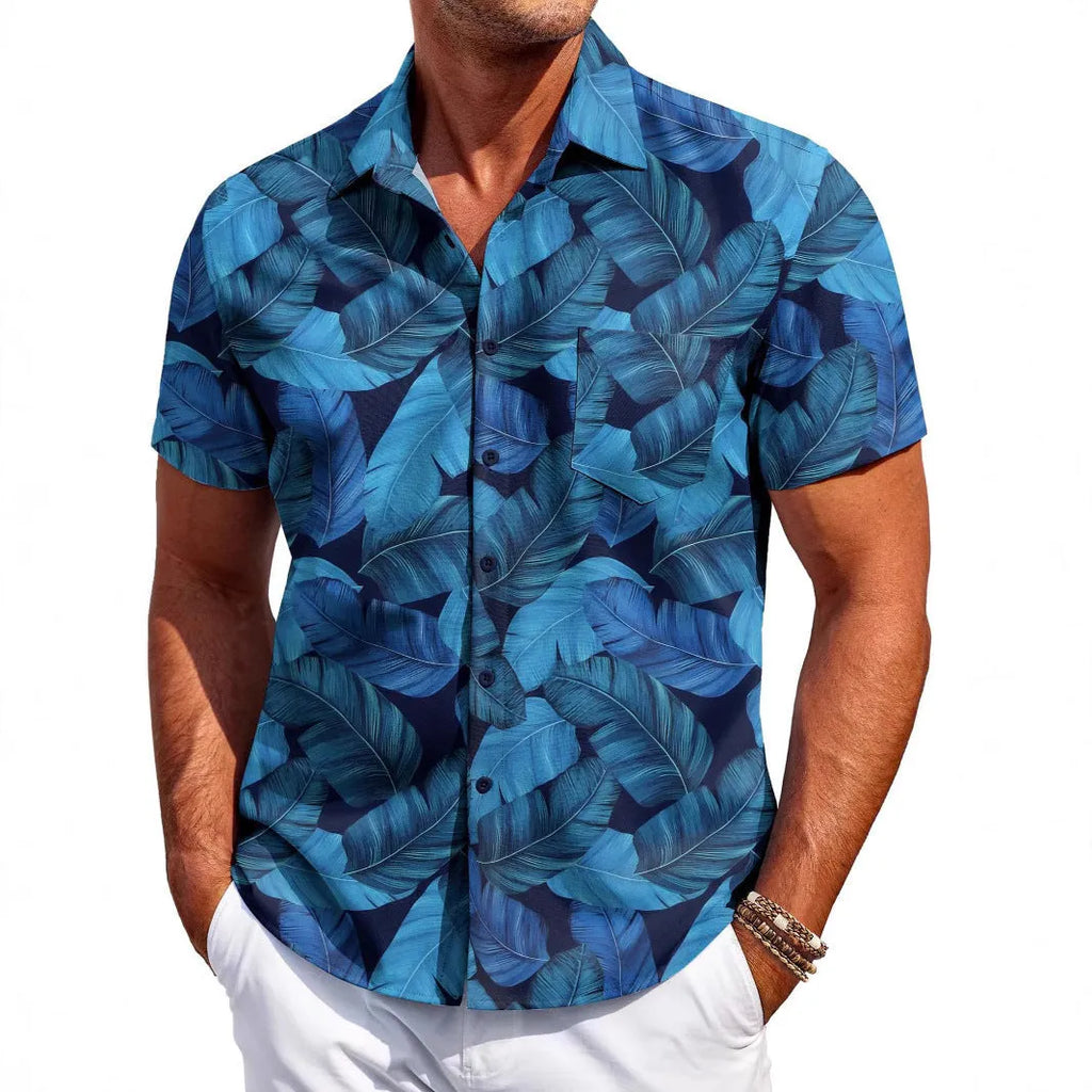 Men's slim fit Hawaiian short sleeve shirt in elastic polyester fabric for summer wear