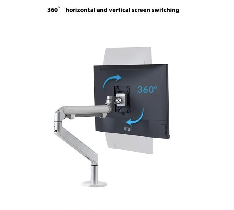 Silver aluminium alloy Free Hover laptop stand with adjustable air pressure arm on a desk.