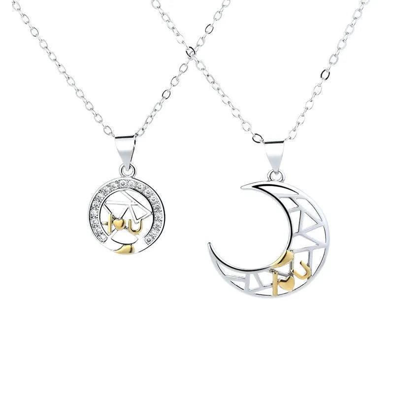 Sun and moon couple necklace with copper pendant on cross chain, showing male and female colour options