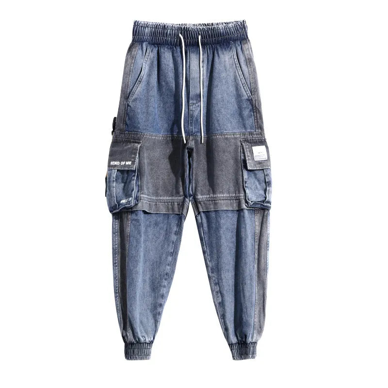 Men's loose hip-hop workwear jeans in gray blue, 99% polyester, size 2XL shown