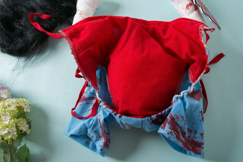 Halloween Bloody Doll pet costume for dogs and cats, polyester pet clothing in sizes S, M, L, and XL