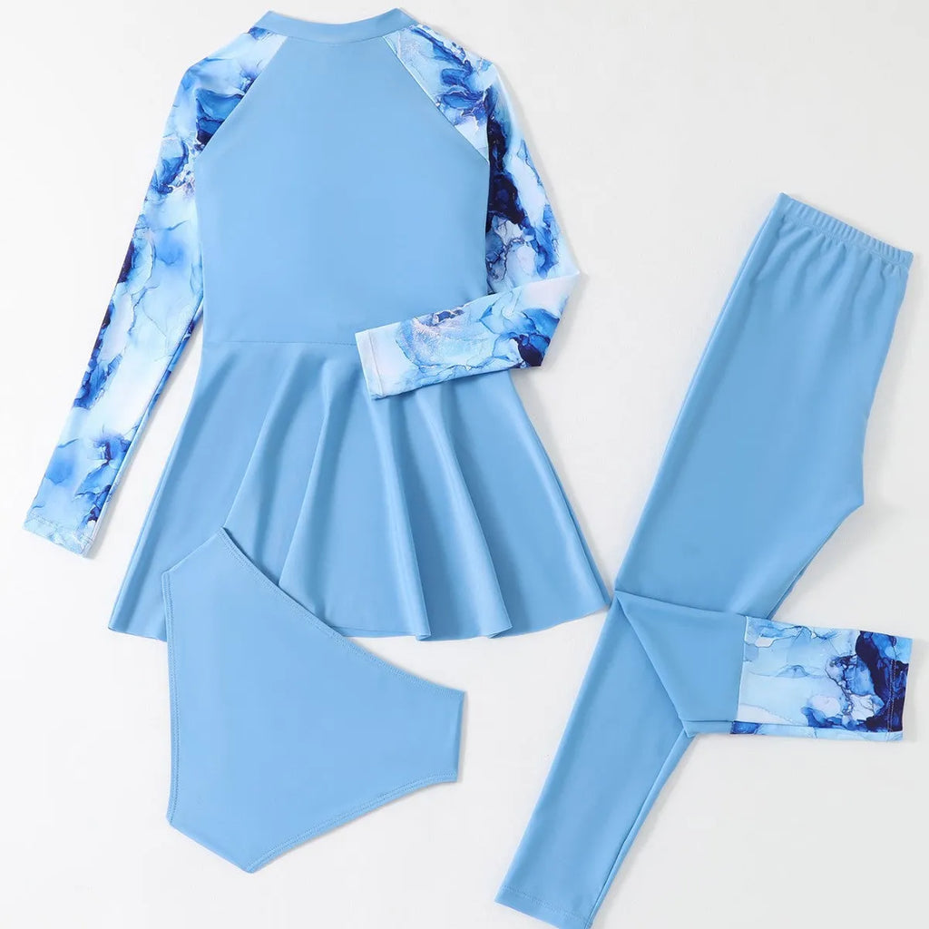 Children's blue split long-sleeve long-trouser three-piece swimsuit on a white background, sizes 120-160