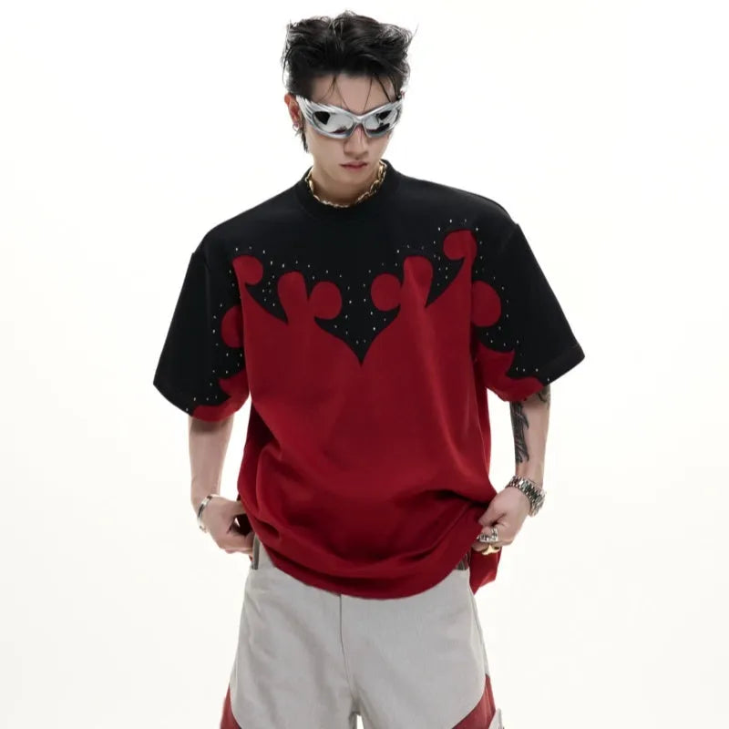 Men's short sleeve cotton shirt with burnt flower embroidery and rhinestone detailing in loose fit drop shoulder design