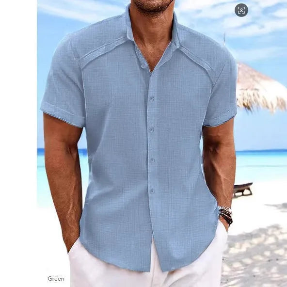 Hawaiian casual short sleeve shirt in solid colour cotton blend fabric