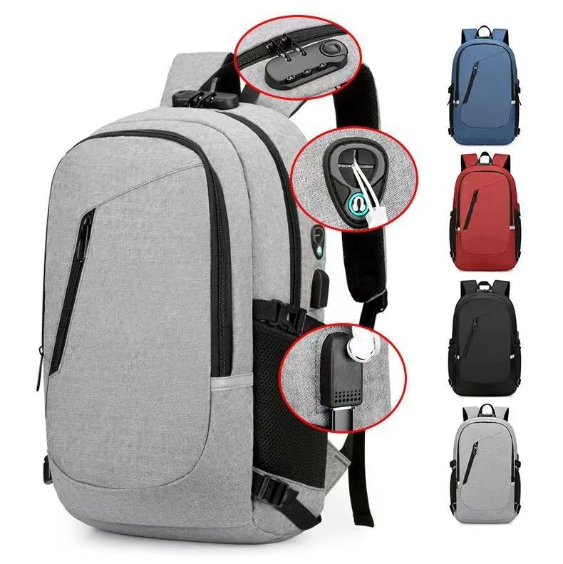 Men's solid colour oxford cloth computer backpack with street style, shown in blue
