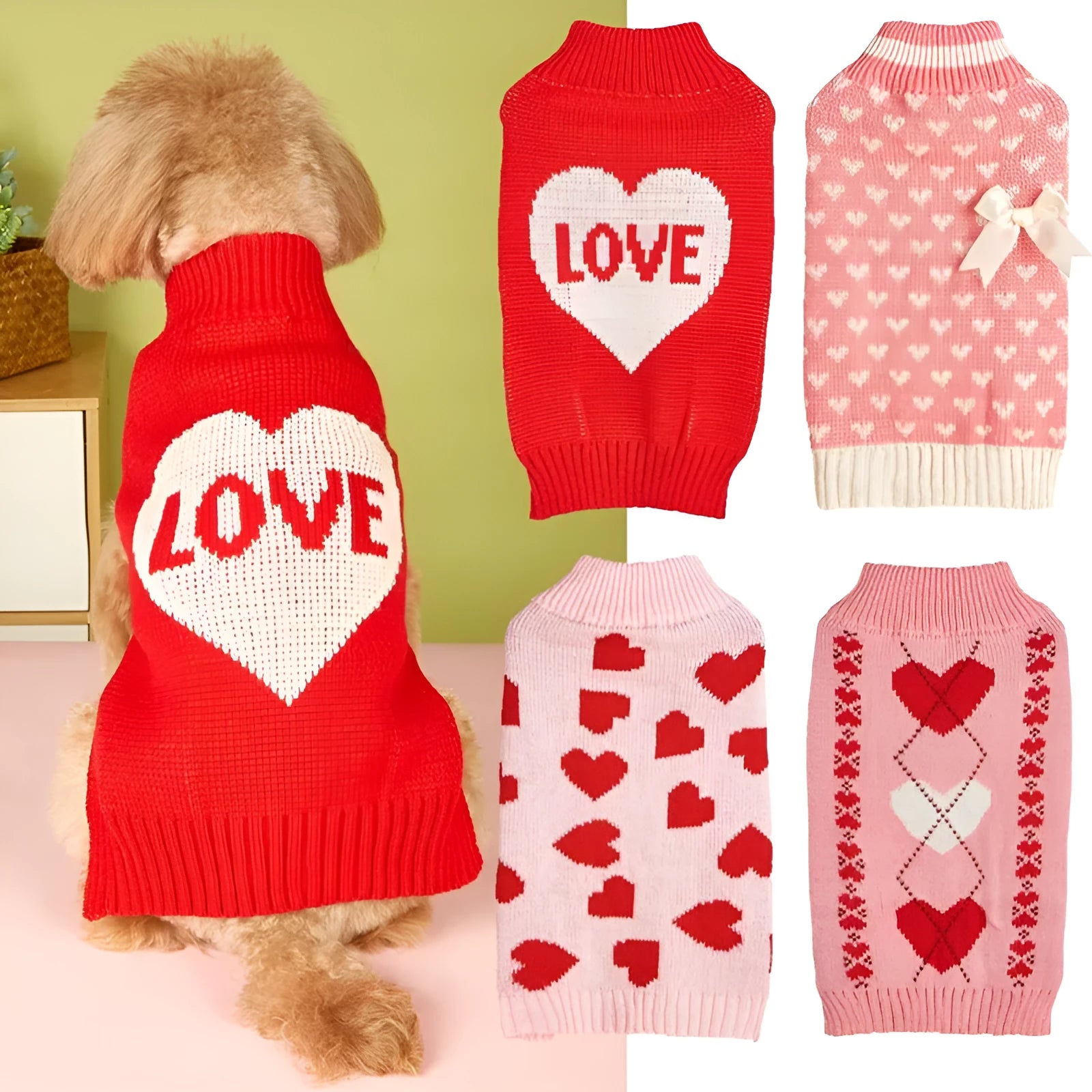 Red dog sweater with a large white love heart design on the side.