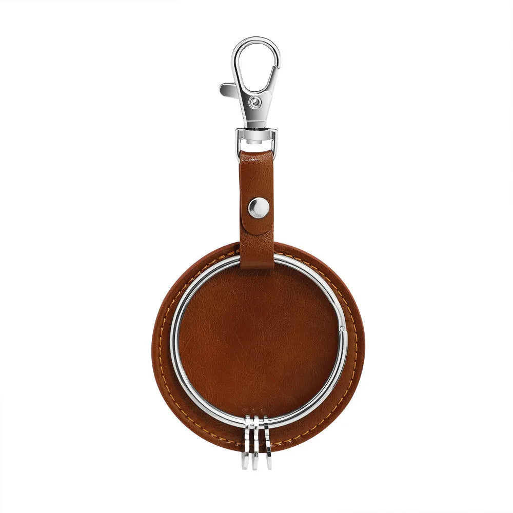 Round genuine leather keychain pendant with cross crown Roman numerals design steel-coloured gloss finish stainless steel key ring