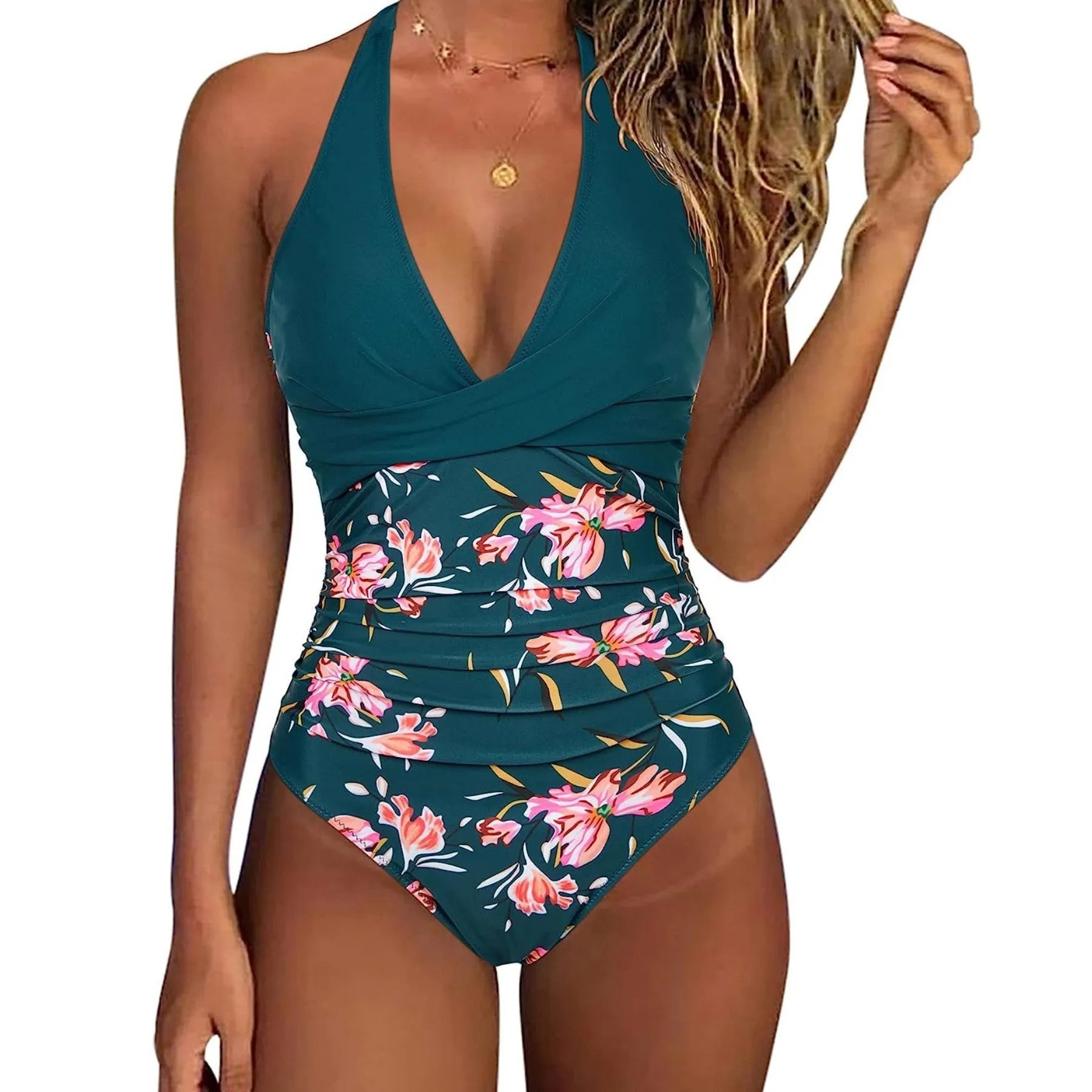 Women's backless lace-up one-piece swimsuit with gather detail in multiple print designs