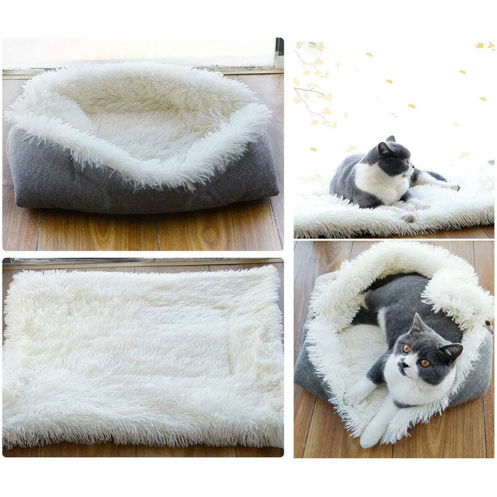 Grey plush pet blanket and bed with raised sides and a black non-slip bottom, shown on a wooden floor.