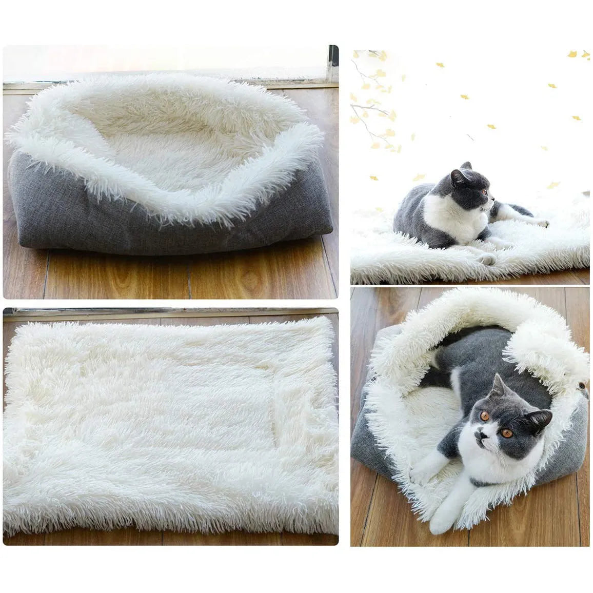 Grey plush pet blanket and bed with raised sides and a black non-slip bottom, shown on a wooden floor.