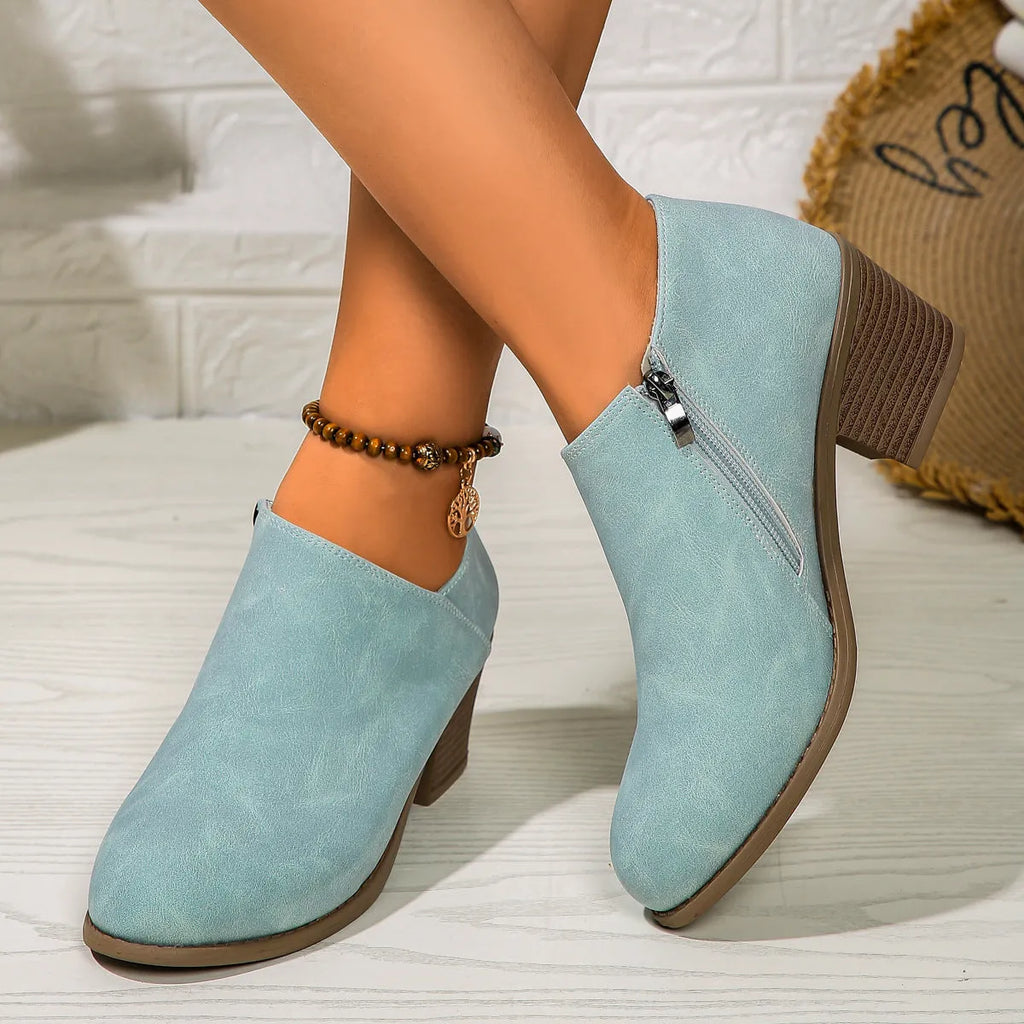 Chunky heel round toe ankle boots for women with side zipper in black, synthetic leather