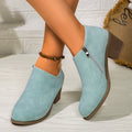 Chunky heel round toe ankle boots for women with side zipper in black, synthetic leather