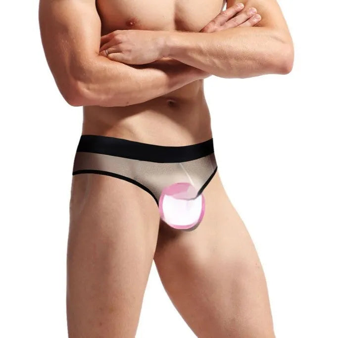 Men's mesh back triangle shorts in black or skin colour, nylon, free size with elastic waist.