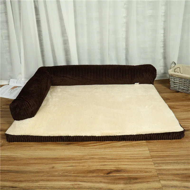 Corduroy pet dog bed sofa with removable cover in a grey colour, shown in a living room setting.