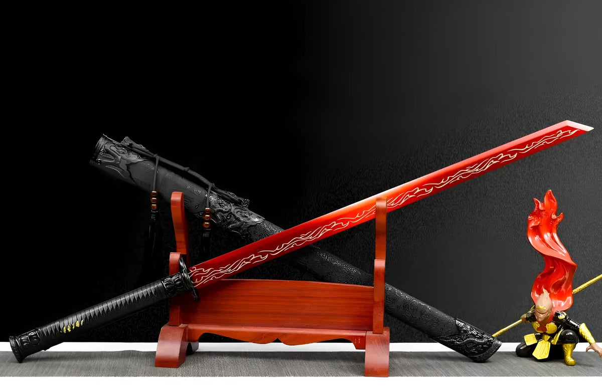 Blazing Flame 110cm unsharpened 65 manganese steel Tang Dynasty horizontal sword with leather-covered wood scabbard