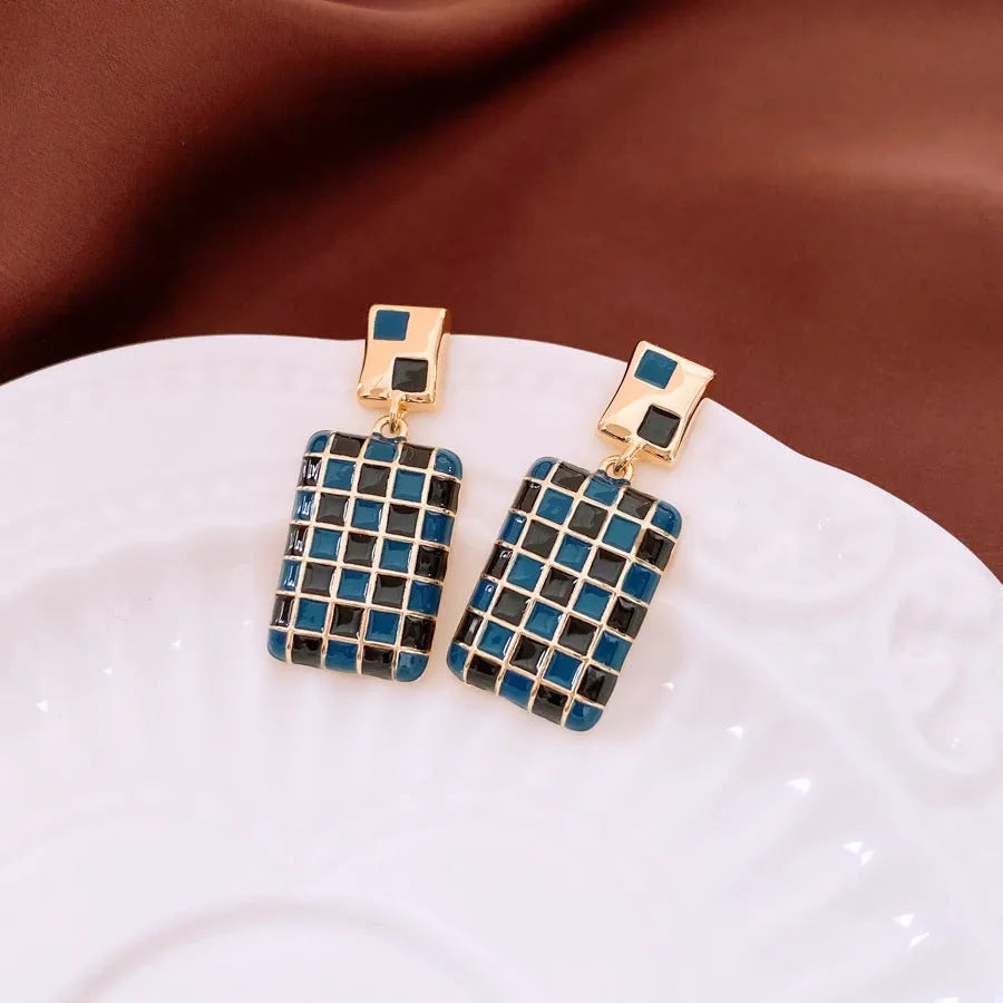 Real gold electroplated Silver Needle oil-drop rectangular copper earrings in retro geometric style