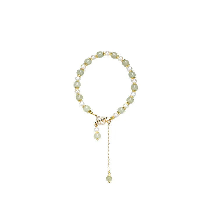 Natural Hetian jade and pearl pendant women's bracelet with gold-coloured electroplated alloy metal in Chinese style