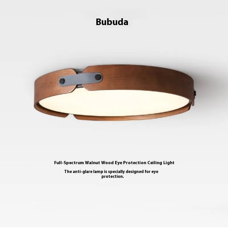 Japanese-style wooden ceiling lamp with PMMA lampshade in bedroom setting showing warm light illumination