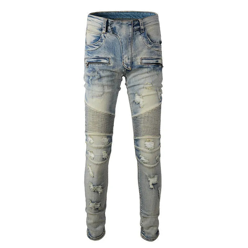 Men's light blue distressed slim stretch jeans with hand-frayed detailing