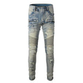 Men's light blue distressed slim stretch jeans with hand-frayed detailing