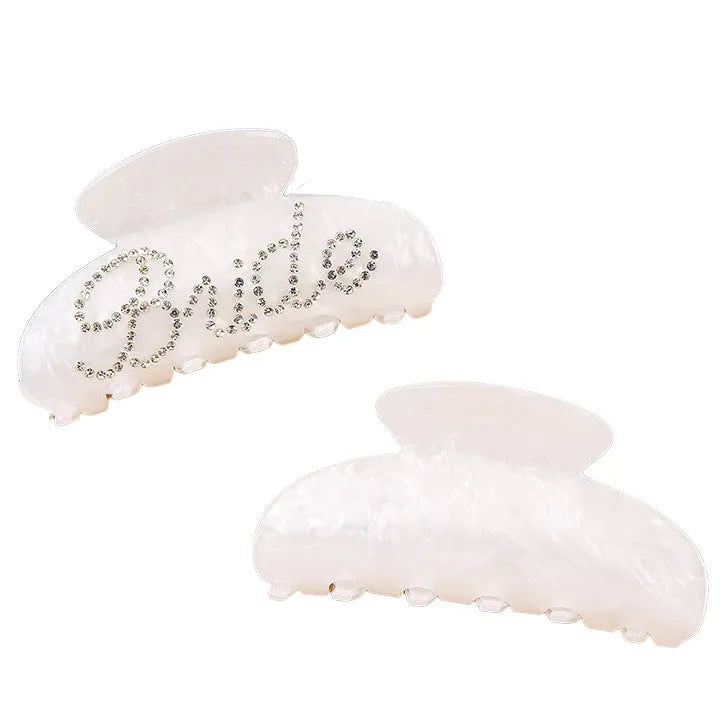 Pink and white 10cm acrylic shower hair clip with spot drill and letter decoration.