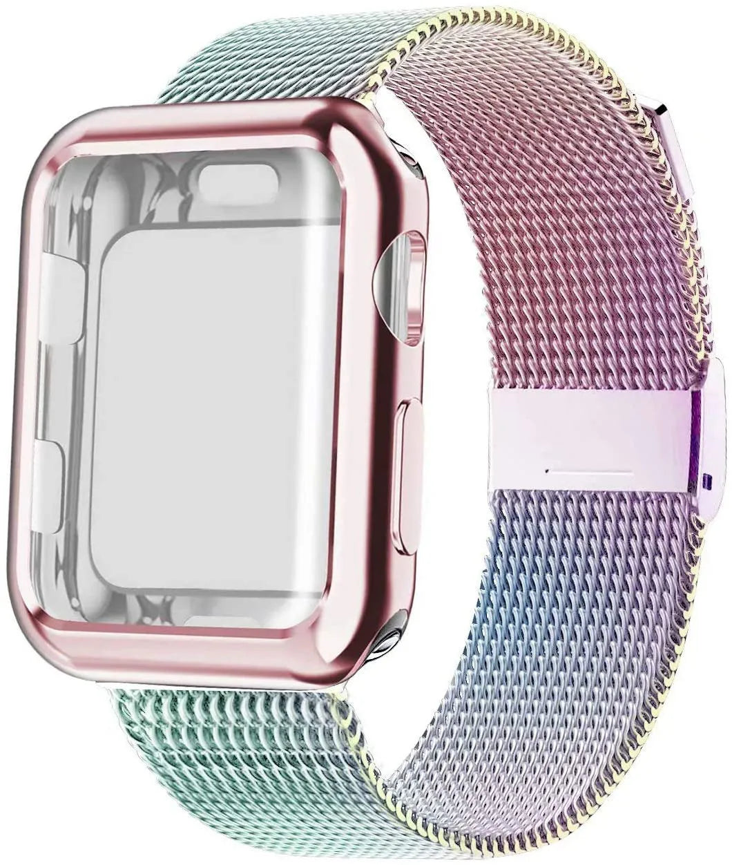 Magnetic metal Milan wristband for Apple Watch on wrist, showing clasp and mesh detail.