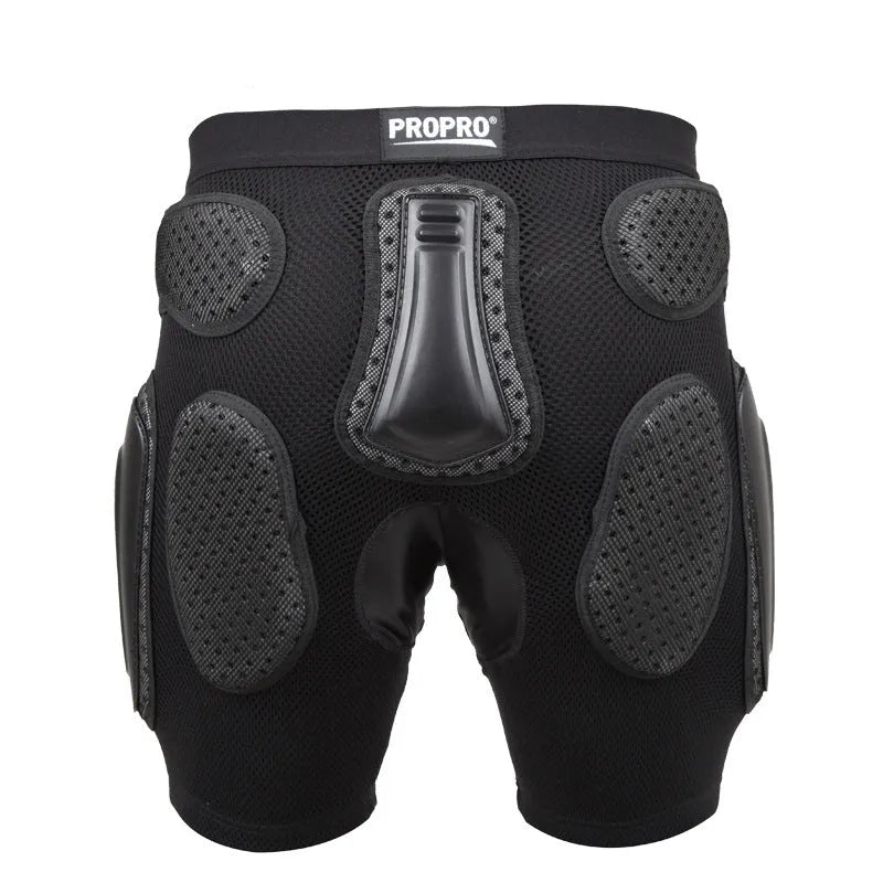 Black cycling hip protection pants with removable padding, shown in size L on an adult model.