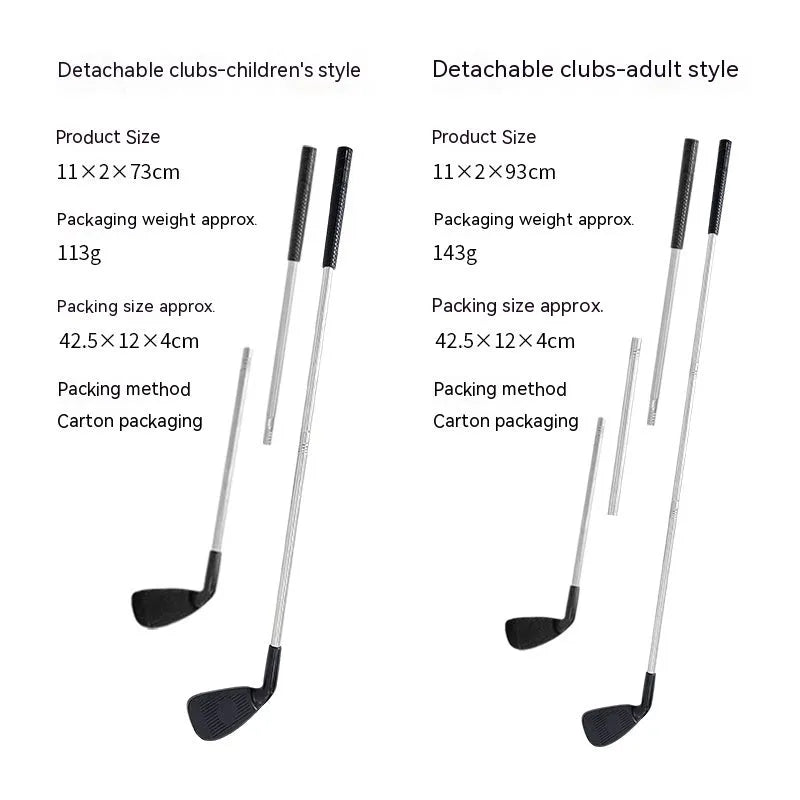 Metal golf practice club set showing one adult-sized and one child-sized club for outdoor training.