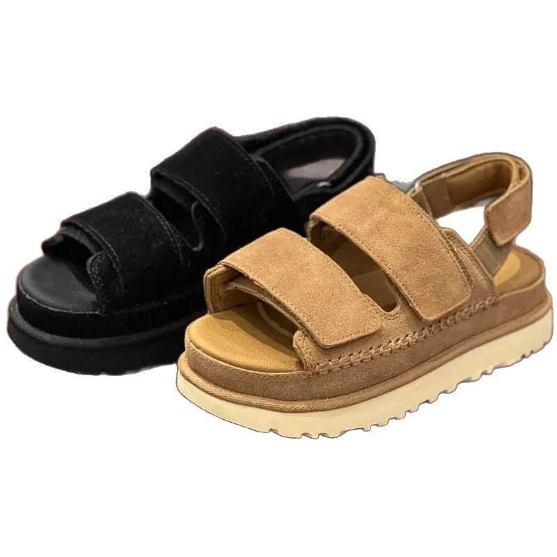 Women's plus size maroon peep toe sandals with a suede platform heel and Velcro strap.