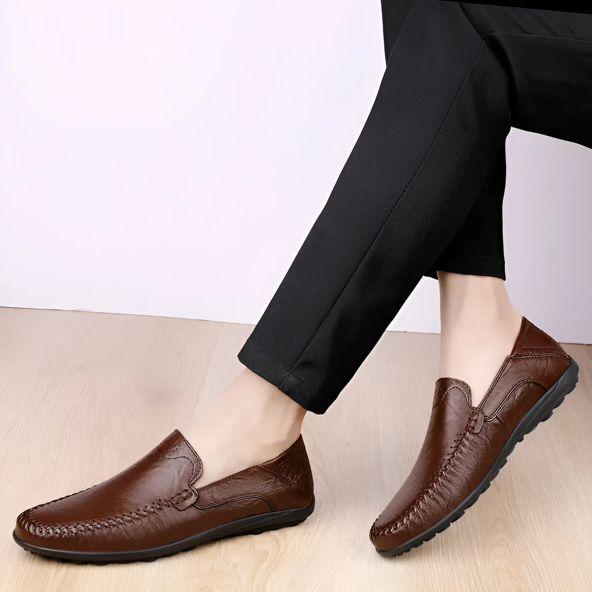 Men's cowhide leather business casual shoes with round toe and flat heel in multiple colours