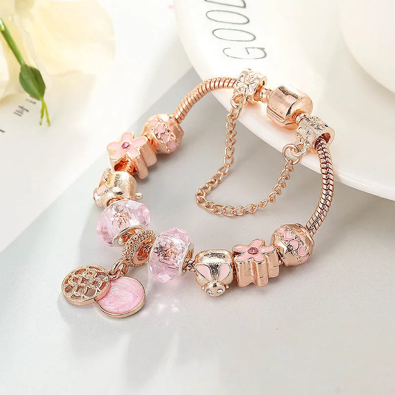 Rose gold geometric love bracelet on display with alloy plating finish