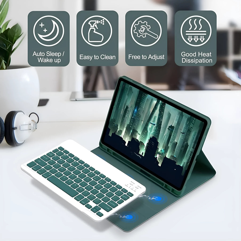 Samsung Galaxy Tab in a TPU case with a Bluetooth keyboard and charging mouse in Dark Green.