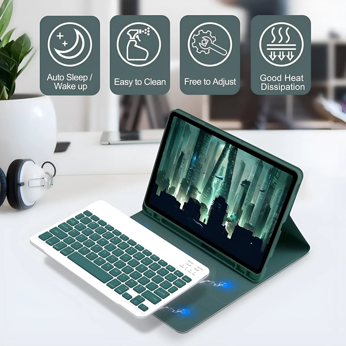 Samsung Galaxy Tab in a TPU case with a Bluetooth keyboard and charging mouse in Dark Green.