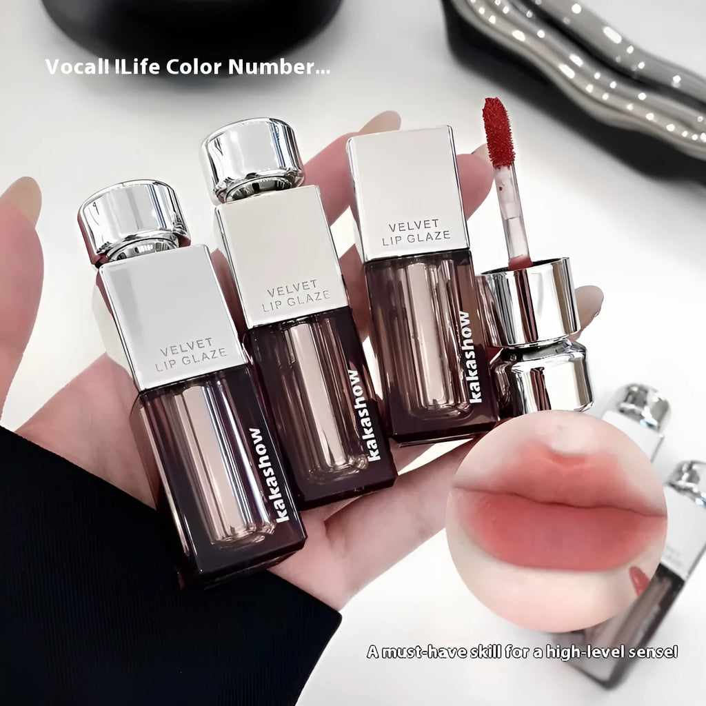 Kakashow matte soft mist velvet lip paint lipstick in six colour options showing 1.8g net content.