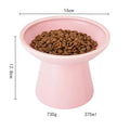 Blue ceramic elevated cat food bowl with wide shallow dish on a white surface.