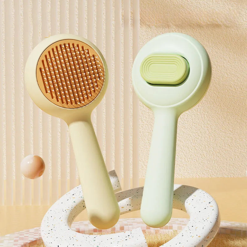 Green and yellow pet grooming brushes with stainless steel teeth and non-slip plastic handles.