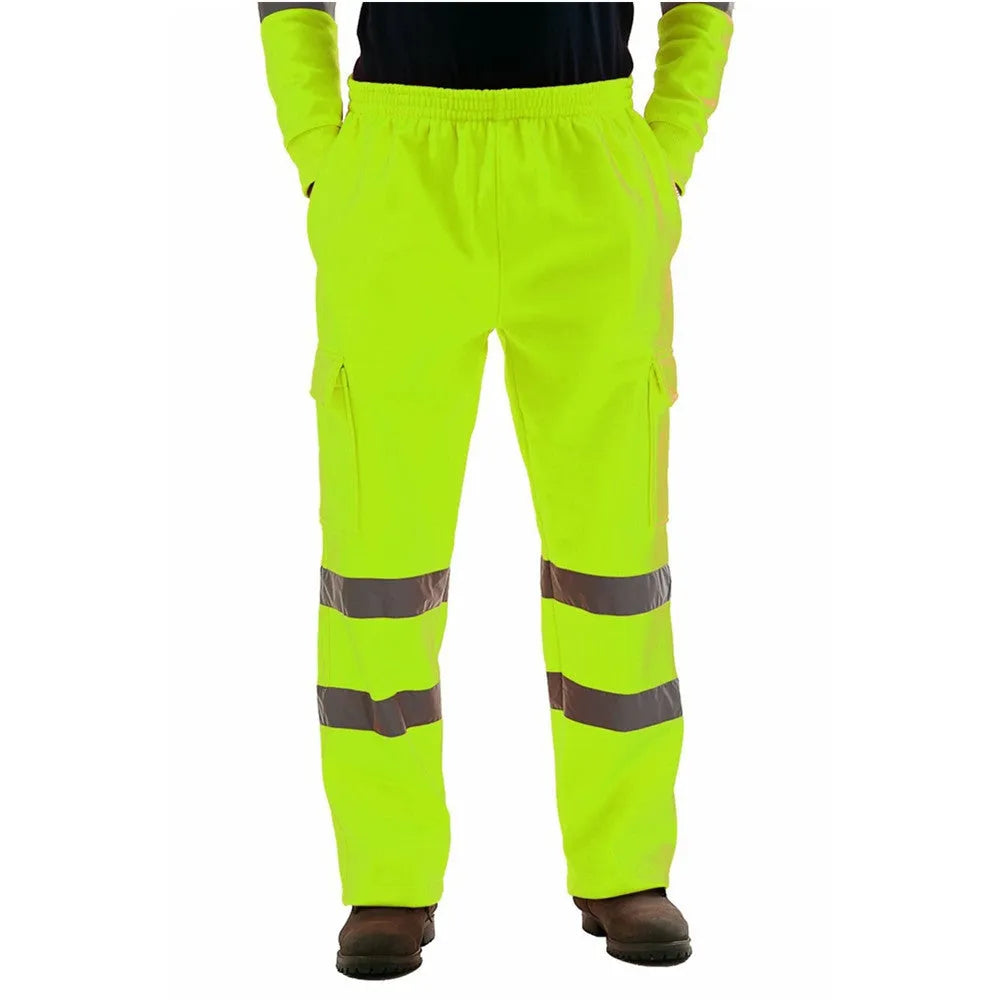 Men's reflective stripe work trousers in yellow, cotton fleece lined, sizes M to 4XL for sanitation workwear