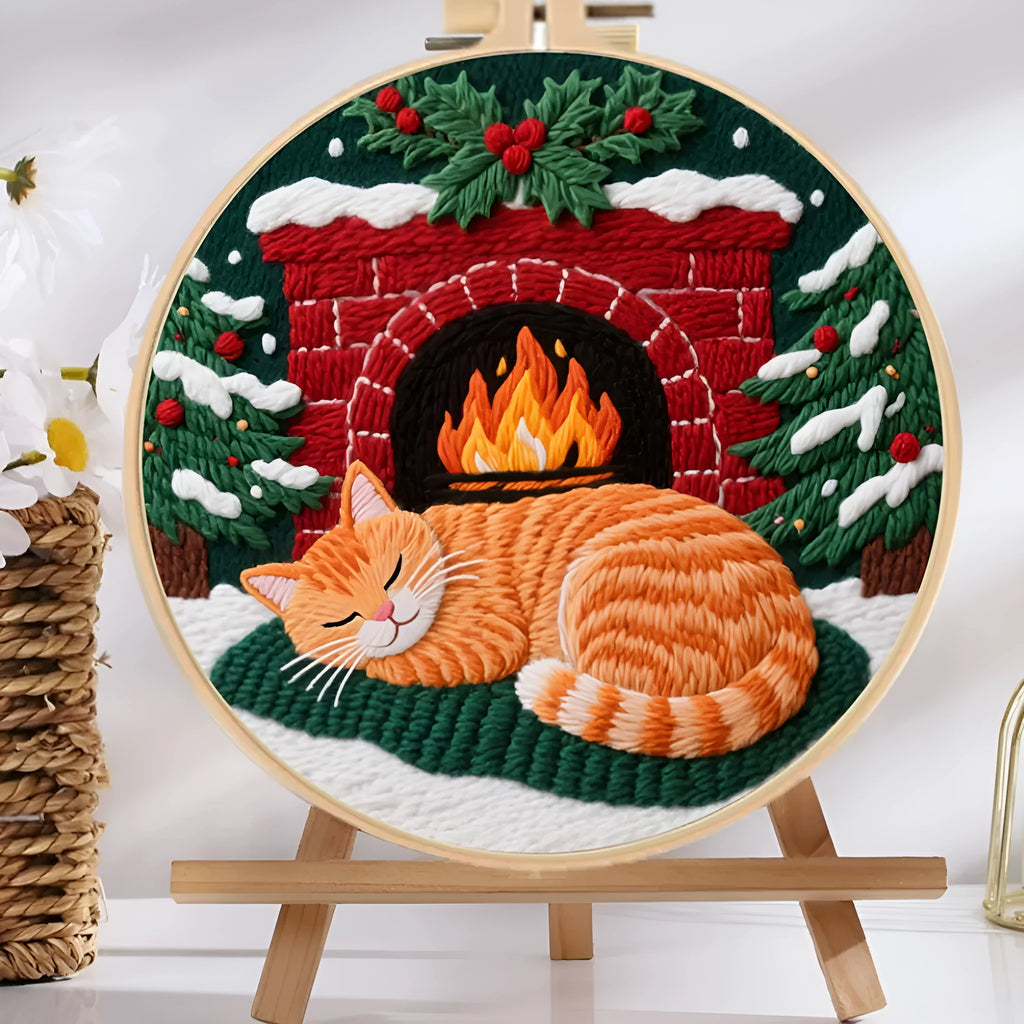 DIY cat embroidery kit with autumn fruit patterns on cotton and linen fabric including embroidery frame
