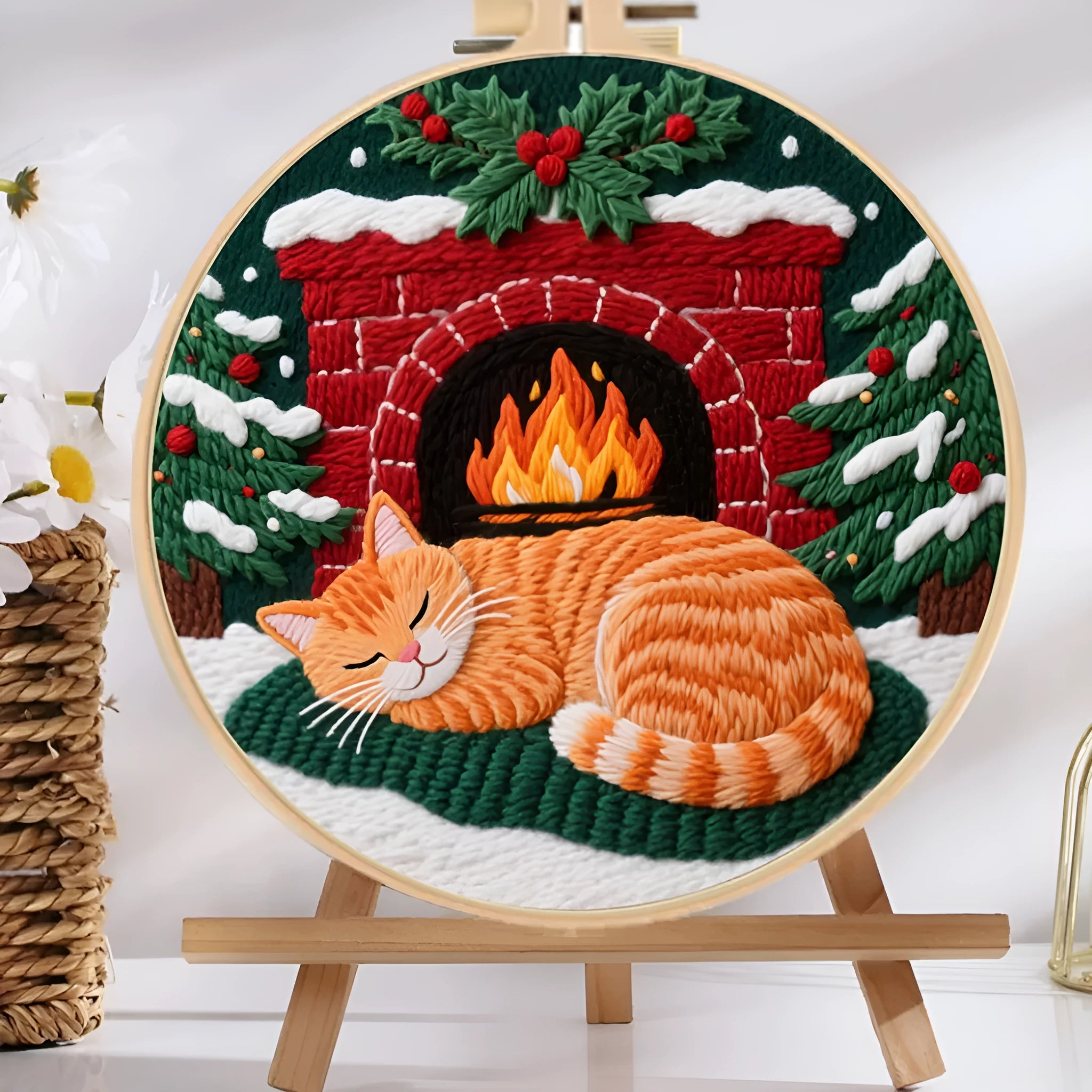 DIY cat embroidery kit with autumn fruit patterns on cotton and linen fabric including embroidery frame