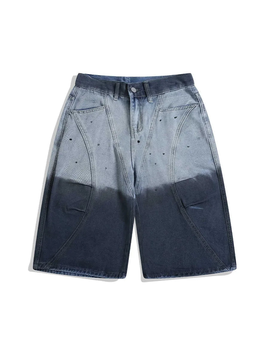 Blue tie-dye gradient washed cropped jeans with loose fit and mid-waist construction